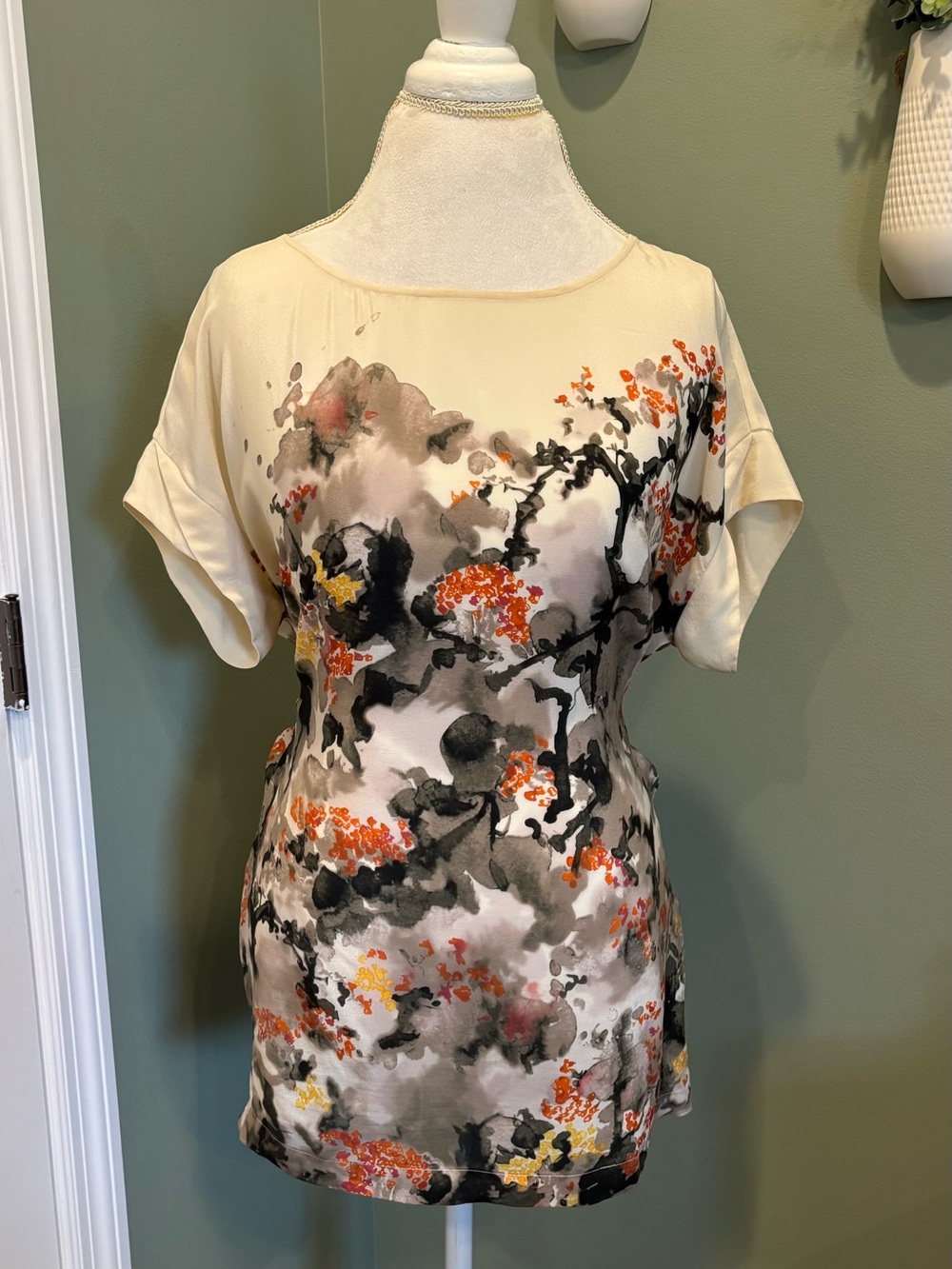 Anthropologie Maeve Cream Floral Watercolor Print Silk Top